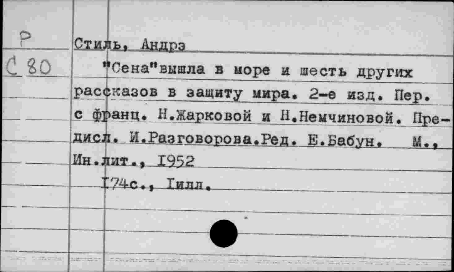 ﻿р	Ст и ;				 ■	-ч 7Ь, Андрэ...	.
С 20		'Сена”вышла в море и шесть других
	расе	жазов в защиту мира. 2-е изд. Пер.
	с ф]	■>анц. Н.Жарковой и Н.Немчиновой. Пре-
	дис;	и. И.Разговорова.Ред, Е.Бабун. М.,
	.Ин.1	1лт^,^952
		~?4г.Тилл,
		
		
		
		